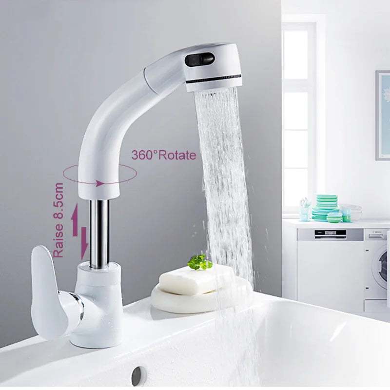 White Lifting Bathroom Basin Faucets SDSN Quality Brass Pull Out Bathroom Faucets Single Handle Hot Cold Lifting Basin Mixer Tap