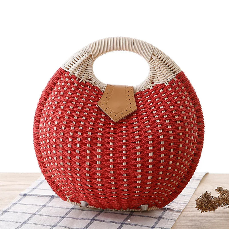 Women's Natural Rattan Handwoven Handbag – Round Shell Boho Beach Bag