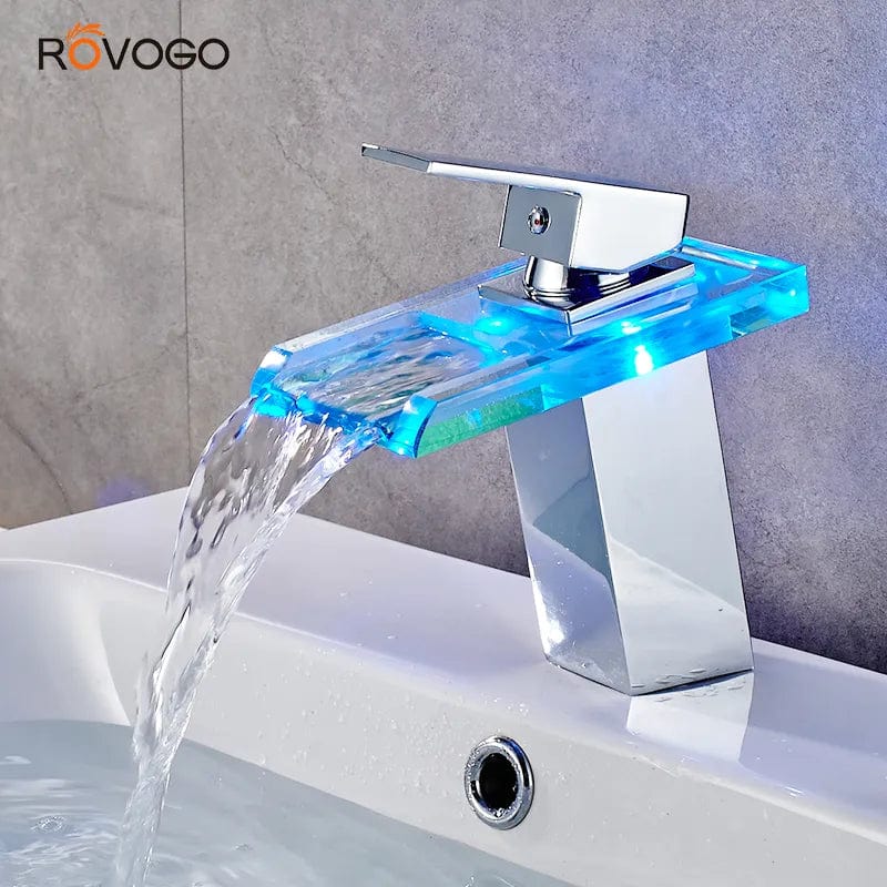 ROVOGO LED Bathroom Faucet Waterfall Brass Basin Faucet Cold Hot Mixer Tap Deck Mounted Sink Mixer Crane