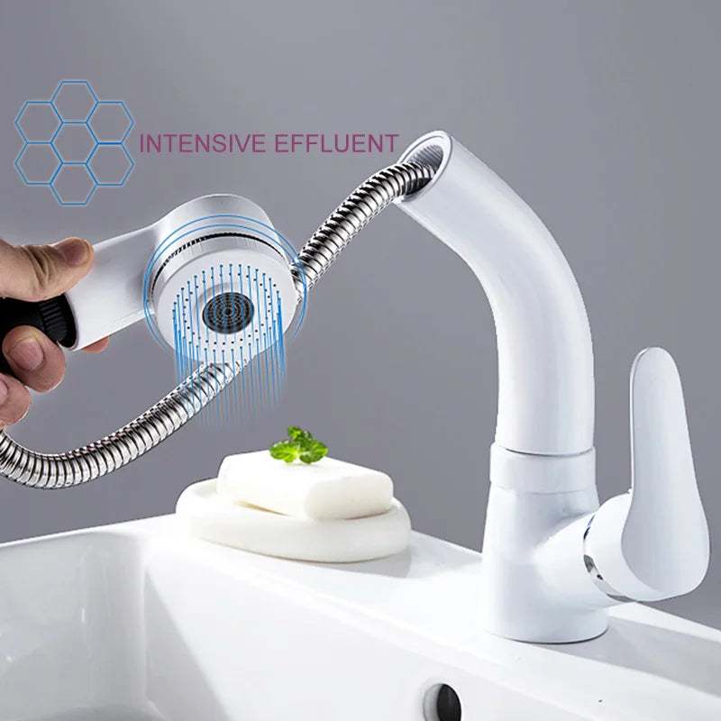 White Lifting Bathroom Basin Faucets SDSN Quality Brass Pull Out Bathroom Faucets Single Handle Hot Cold Lifting Basin Mixer Tap