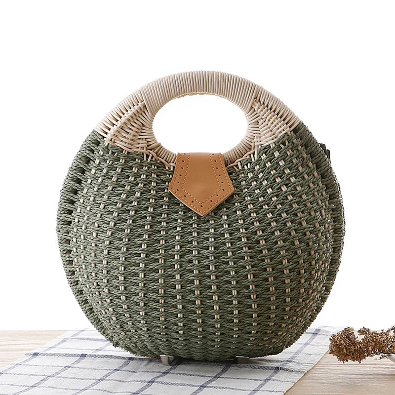 Women's Natural Rattan Handwoven Handbag – Round Shell Boho Beach Bag