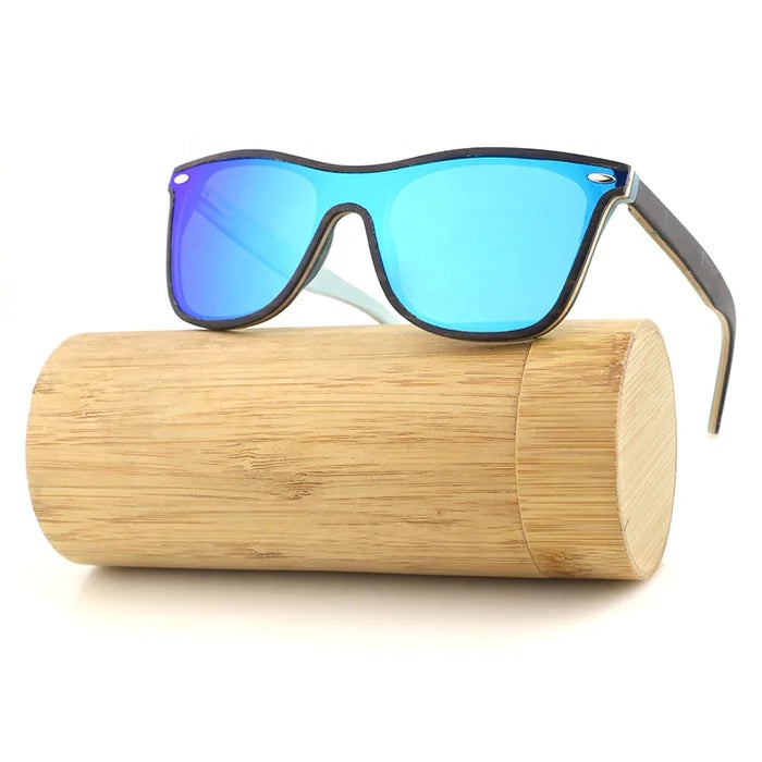 Square Bamboo Wood Sunglasses with Blue Polarized UV Lens - Wood Sunglasses