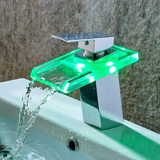 ROVOGO LED Bathroom Faucet Waterfall Brass Basin Faucet Cold Hot Mixer Tap Deck Mounted Sink Mixer Crane