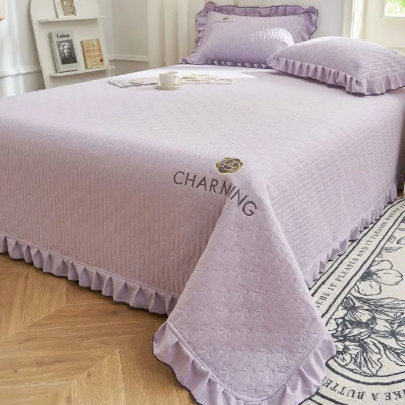 Luxury Soft Knitted Cotton Ruffle Bedspread – Comfortable Quilted Double Bed Cover Set