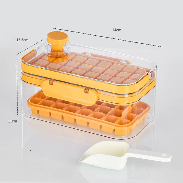 Innovative Ice Cube Tray with Press Handle - 64 Ice Cubes, Storage Box, BPA Free