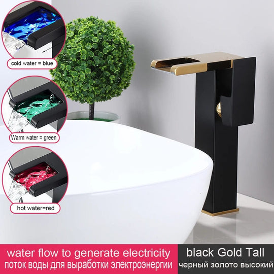 Luxury LED Black Basin Faucet Tall And Short Tap Bathroom Single Handle Cold and Hot Water Flow Produces Electricity