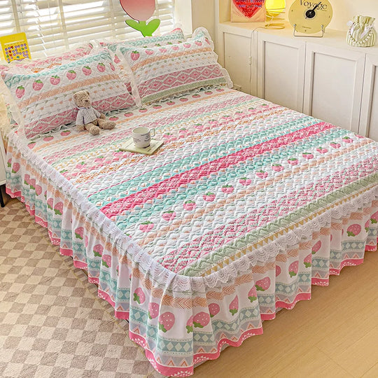 Bonenjoy Bed Skirt Cartoon Style Bed Cover Ruffled Bedsheet falda de cama Quilted Mattress Covers Lace Bedspread No Pillowcase