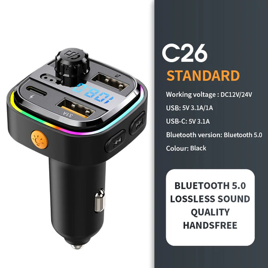 Bluetooth 5.0 FM Transmitter | Handsfree Car Radio | 22.5W Super Quick Charge