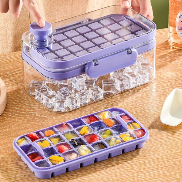 Innovative Ice Cube Tray with Press Handle - 64 Ice Cubes, Storage Box, BPA Free