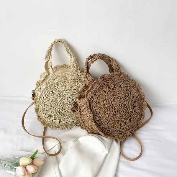 Summer Round Straw Bag Women Woven Rattan Beach Bag Hot New Shoulder Bag Circle Hollow Out Handle Bag Casual Shopper Tote Pouch