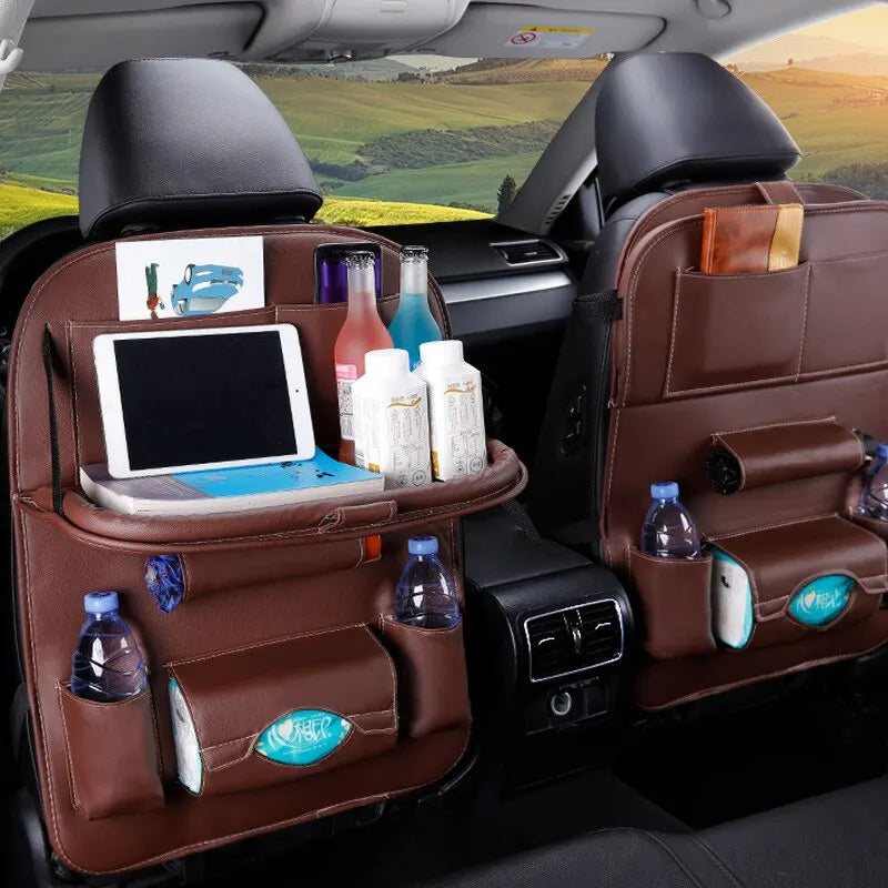 PU Leather Seat Organizer – Car Back Storage with Foldable Table and Pockets