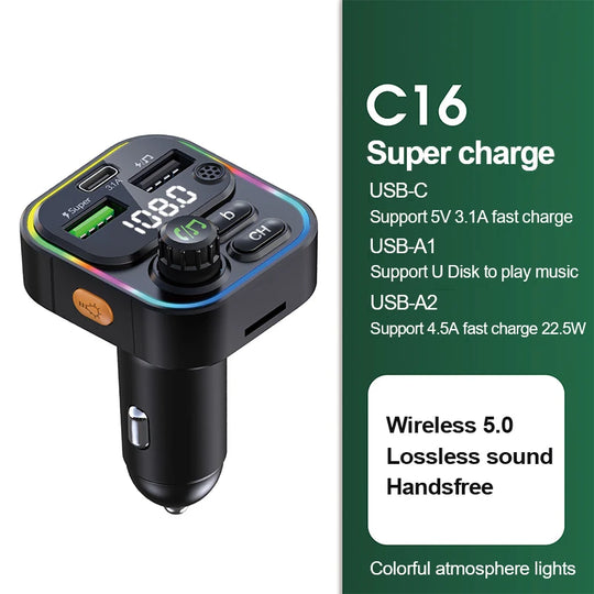 Bluetooth 5.0 FM Transmitter | Handsfree Car Radio | 22.5W Super Quick Charge