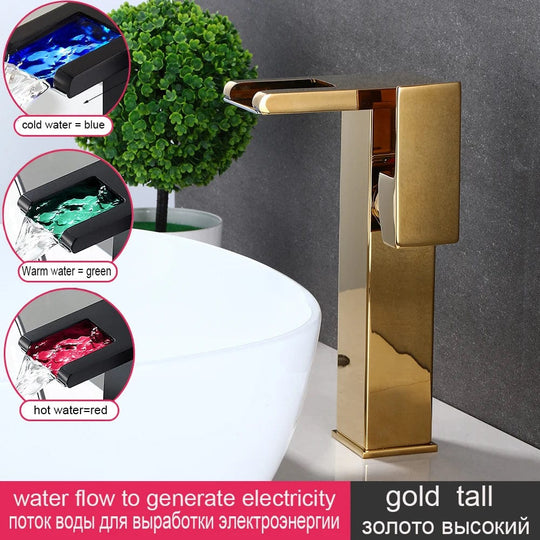 Luxury LED Black Basin Faucet Tall And Short Tap Bathroom Single Handle Cold and Hot Water Flow Produces Electricity