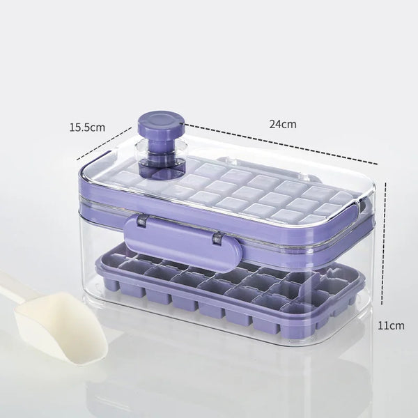 Innovative Ice Cube Tray with Press Handle - 64 Ice Cubes, Storage Box, BPA Free