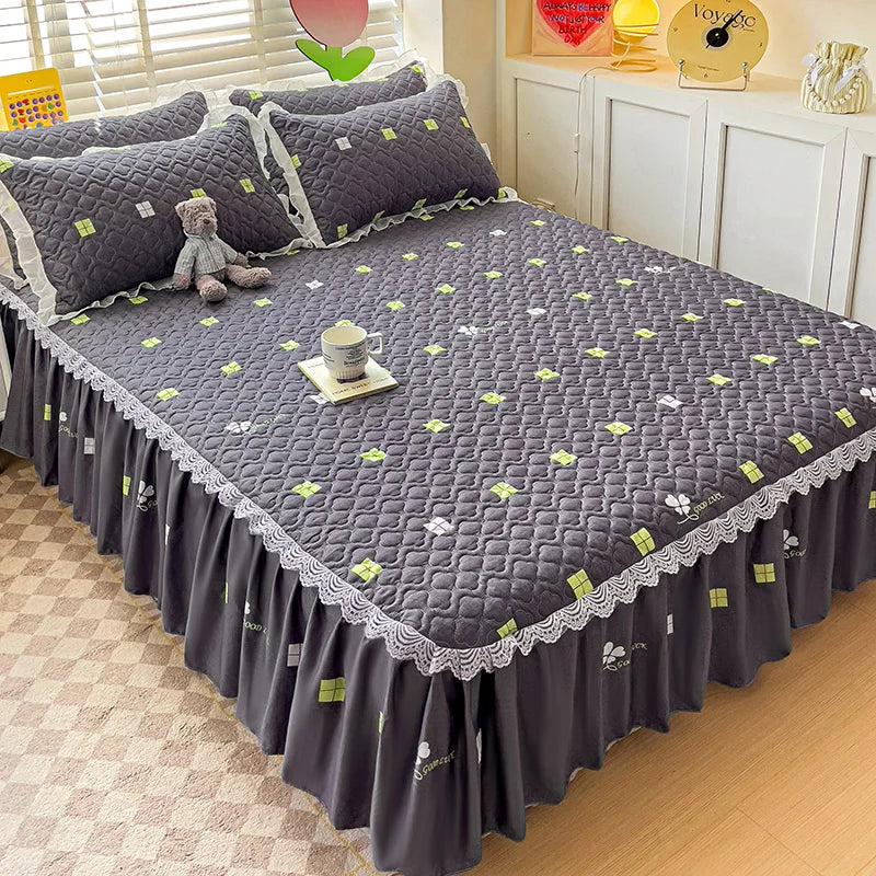 Bonenjoy Bed Skirt Cartoon Style Bed Cover Ruffled Bedsheet falda de cama Quilted Mattress Covers Lace Bedspread No Pillowcase