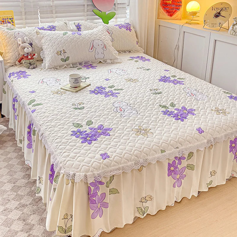 Bonenjoy Bed Skirt Cartoon Style Bed Cover Ruffled Bedsheet falda de cama Quilted Mattress Covers Lace Bedspread No Pillowcase