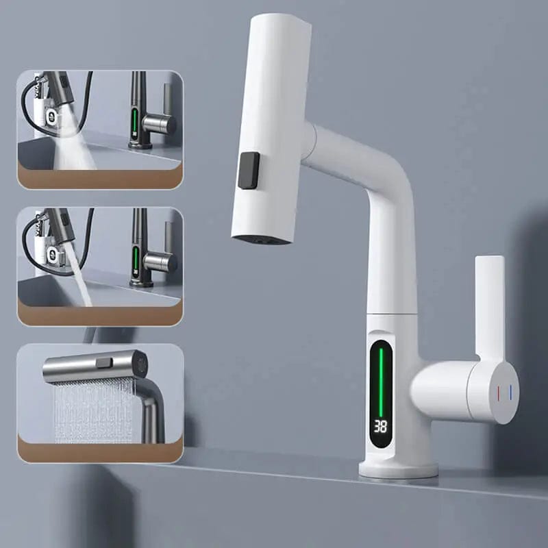 Pulling Lifting Digital Display Faucet Waterfall Basin Faucet Stream Sprayer Hot Cold Water Sink Mixer Water Saving Tap For Bath