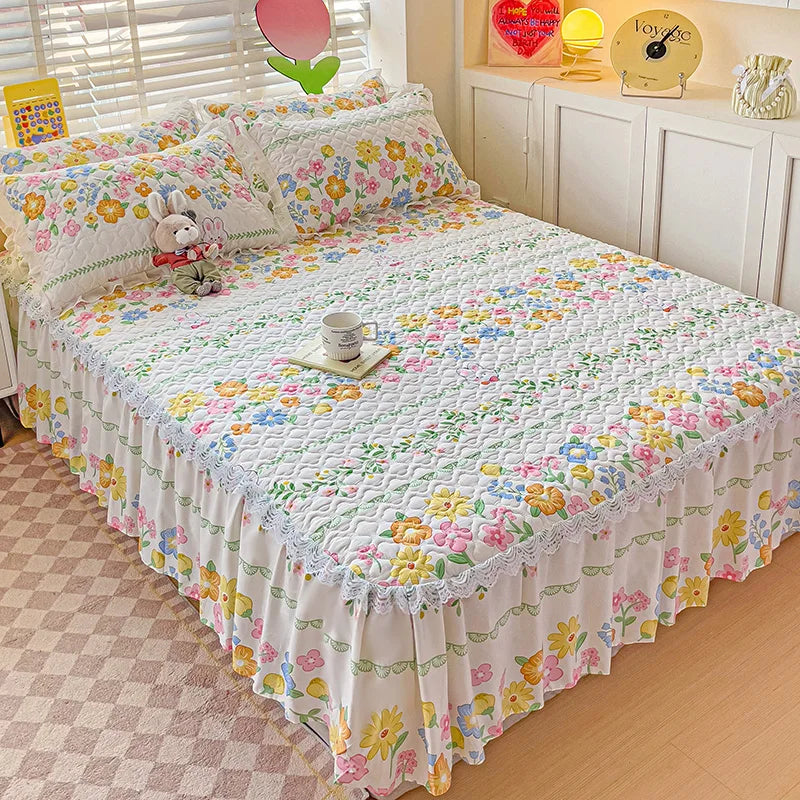 Bonenjoy Bed Skirt Cartoon Style Bed Cover Ruffled Bedsheet falda de cama Quilted Mattress Covers Lace Bedspread No Pillowcase