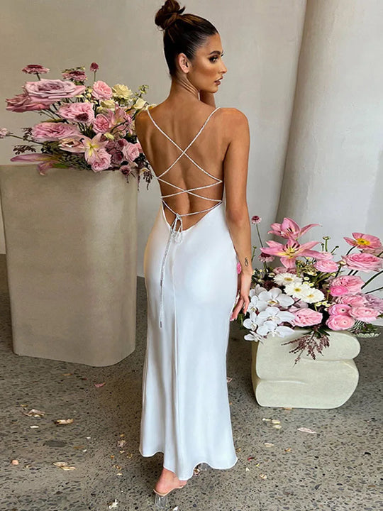 Stunning Sexy Split Maxi Dress - Backless Satin Sheath Dress for Prom & Parties