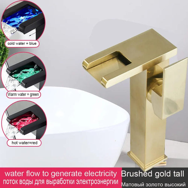 Luxury LED Black Basin Faucet Tall And Short Tap Bathroom Single Handle Cold and Hot Water Flow Produces Electricity