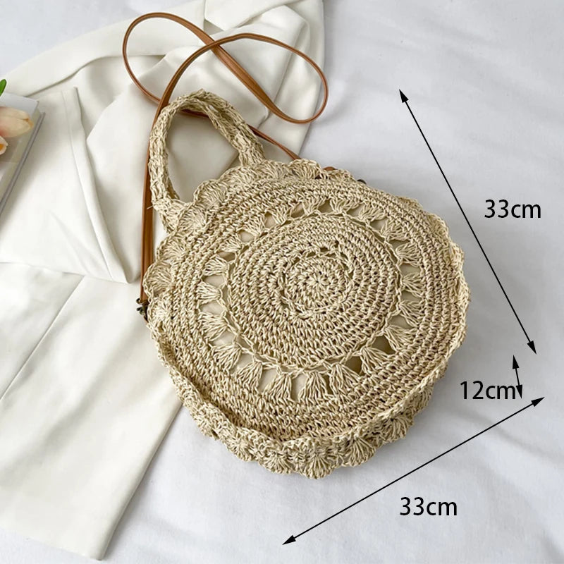 Summer Round Straw Bag Women Woven Rattan Beach Bag Hot New Shoulder Bag Circle Hollow Out Handle Bag Casual Shopper Tote Pouch