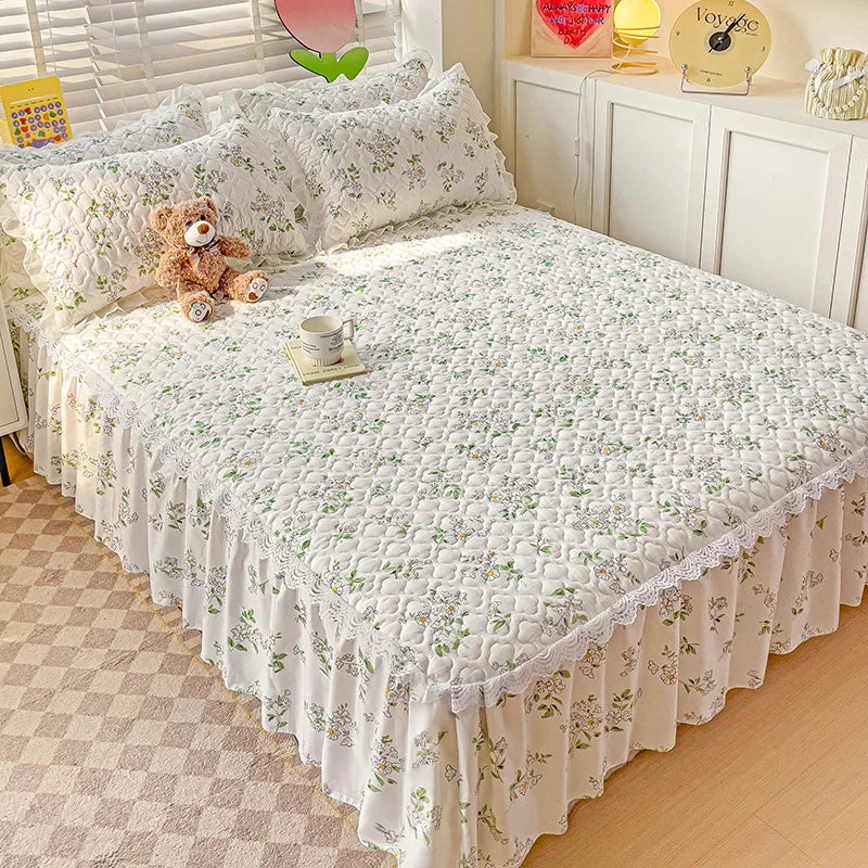 Bonenjoy Bed Skirt Cartoon Style Bed Cover Ruffled Bedsheet falda de cama Quilted Mattress Covers Lace Bedspread No Pillowcase