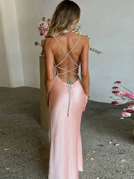 Stunning Sexy Split Maxi Dress - Backless Satin Sheath Dress for Prom & Parties