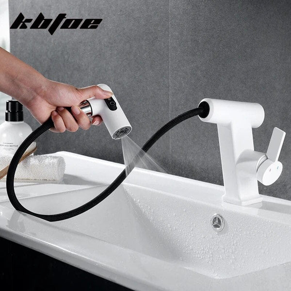 Versatile White Basin Faucet: Brass Pull-Out Mixer Tap for Effortless Hot and Cold Water Control