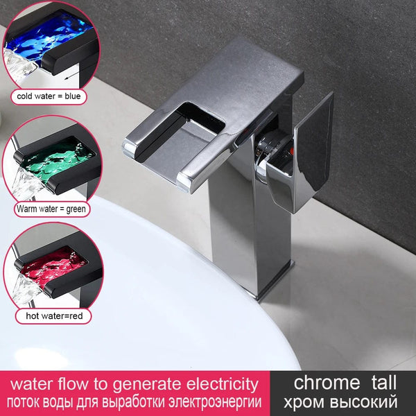 Luxury LED Black Basin Faucet Tall And Short Tap Bathroom Single Handle Cold and Hot Water Flow Produces Electricity