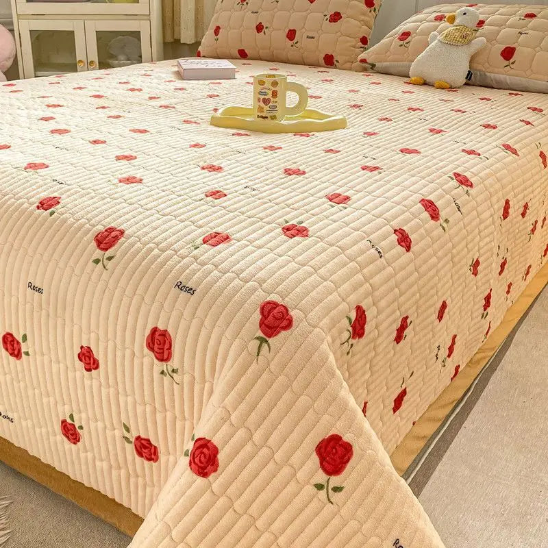 Velvet Bed Cover Non-slip Bedsheet – Cute Printed Quilted Bedspread for Single & Double Beds