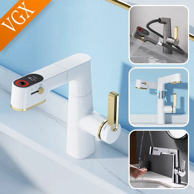 VGX Multifunctional Bathroom Faucets Pull Out Basin Mixer Sink Faucet Gourmet LED Temperature Tap 360° Tapware Crane Brass White