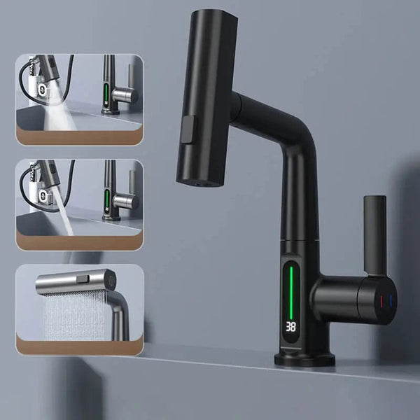 Pulling Lifting Digital Display Faucet Waterfall Basin Faucet Stream Sprayer Hot Cold Water Sink Mixer Water Saving Tap For Bath
