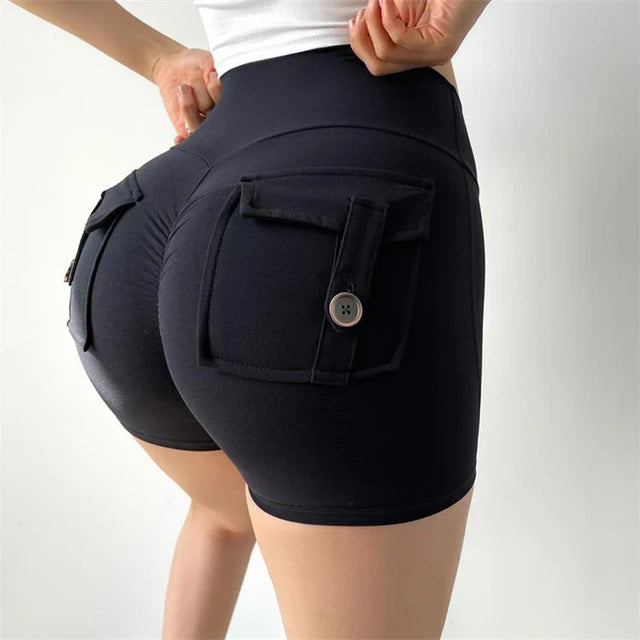 Women Sport Shorts Pockets Gym - Sexy High Waist Push Up Scrunch Biker Shorts