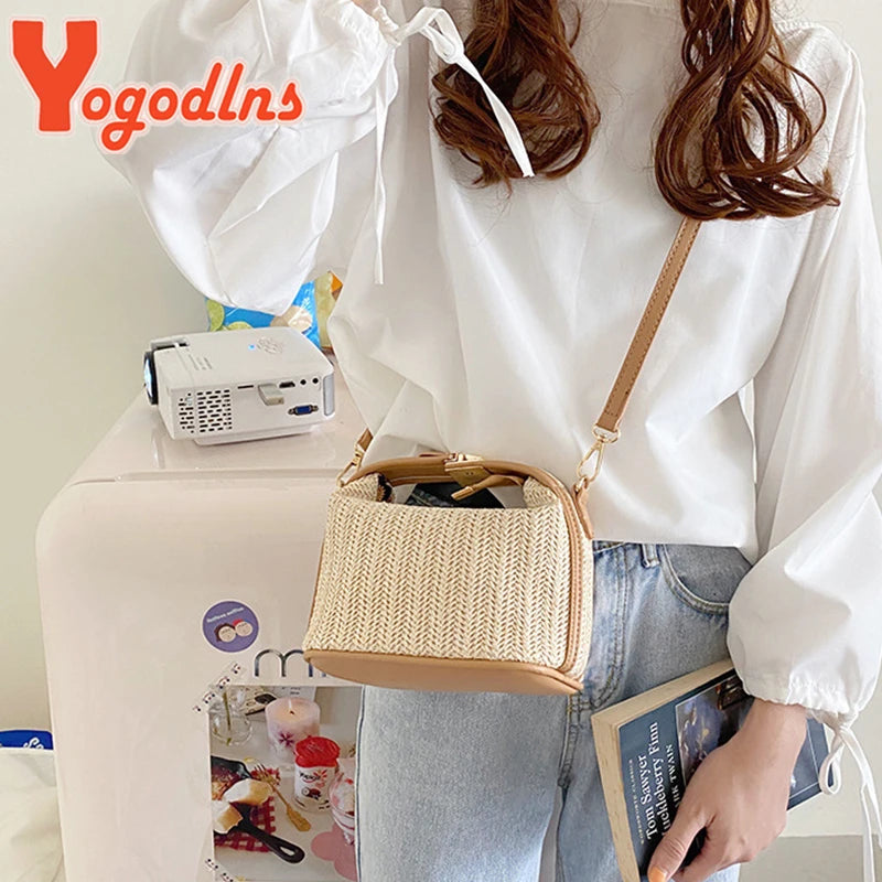 Summer Small Straw Handbag – Trendy Woven Bucket Crossbody Bag