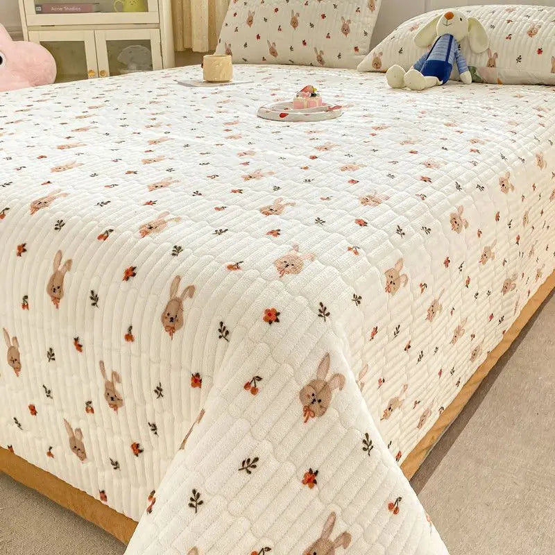 Velvet Bed Cover Non-slip Bedsheet – Cute Printed Quilted Bedspread for Single & Double Beds