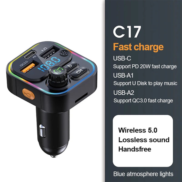 Bluetooth 5.0 FM Transmitter | Handsfree Car Radio | 22.5W Super Quick Charge