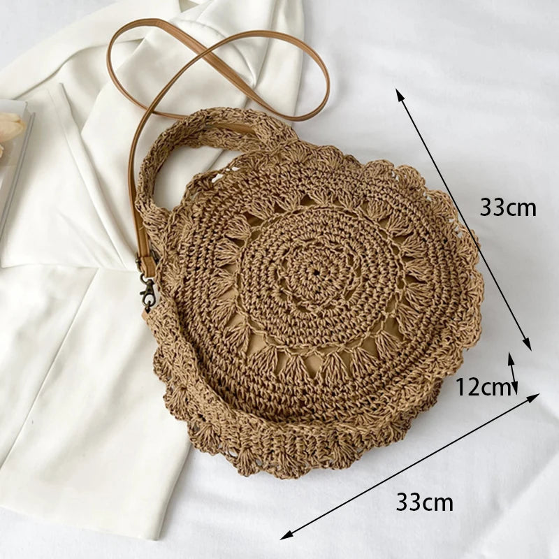 Summer Round Straw Bag Women Woven Rattan Beach Bag Hot New Shoulder Bag Circle Hollow Out Handle Bag Casual Shopper Tote Pouch