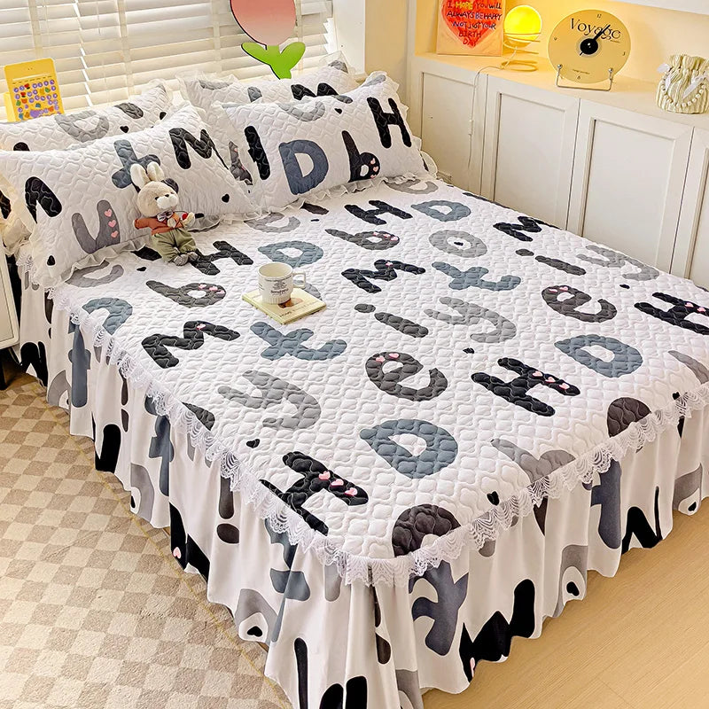 Bonenjoy Bed Skirt Cartoon Style Bed Cover Ruffled Bedsheet falda de cama Quilted Mattress Covers Lace Bedspread No Pillowcase