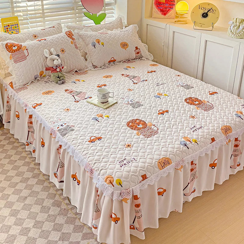 Bonenjoy Bed Skirt Cartoon Style Bed Cover Ruffled Bedsheet falda de cama Quilted Mattress Covers Lace Bedspread No Pillowcase