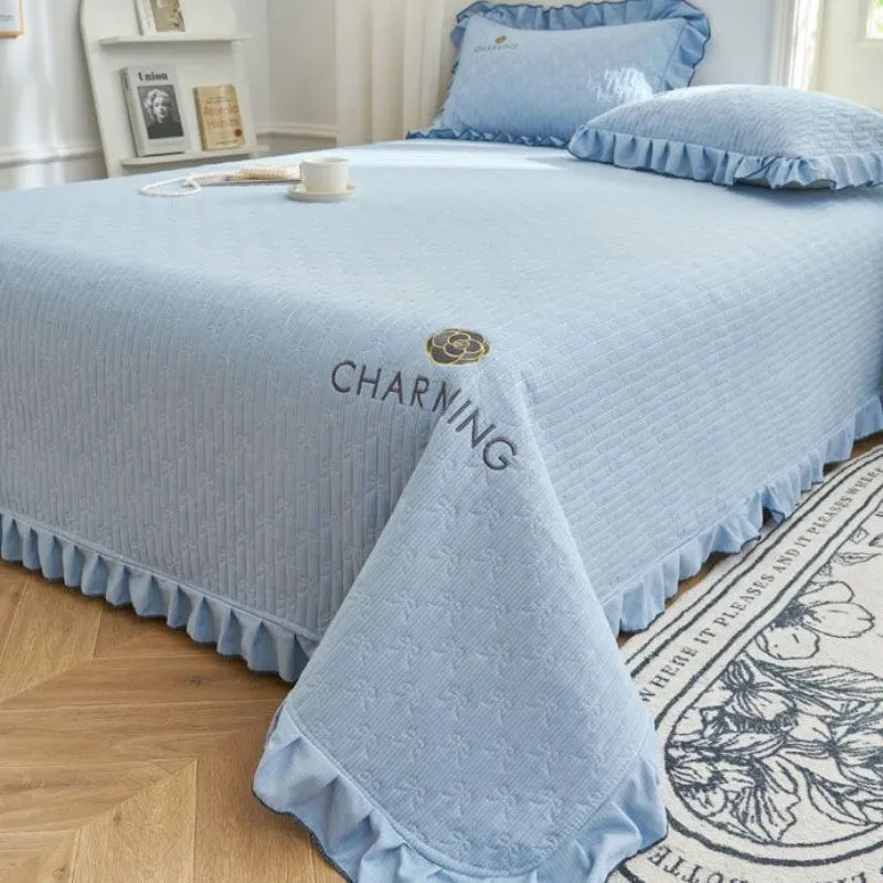 Luxury Soft Knitted Cotton Ruffle Bedspread – Comfortable Quilted Double Bed Cover Set