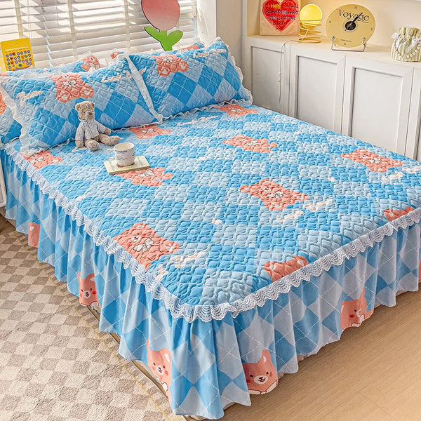 Bonenjoy Bed Skirt Cartoon Style Bed Cover Ruffled Bedsheet falda de cama Quilted Mattress Covers Lace Bedspread No Pillowcase