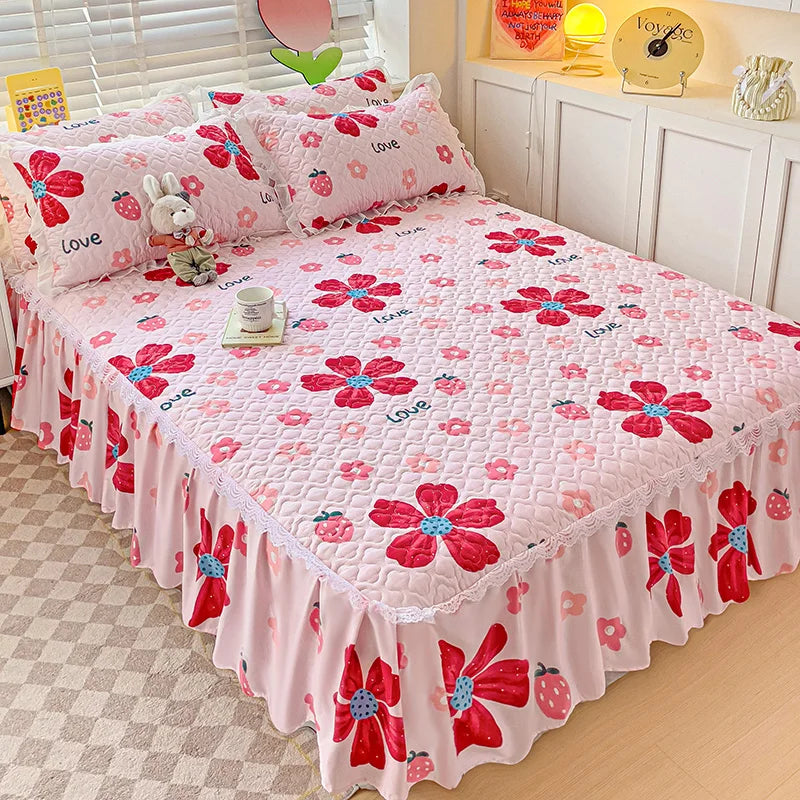 Bonenjoy Bed Skirt Cartoon Style Bed Cover Ruffled Bedsheet falda de cama Quilted Mattress Covers Lace Bedspread No Pillowcase