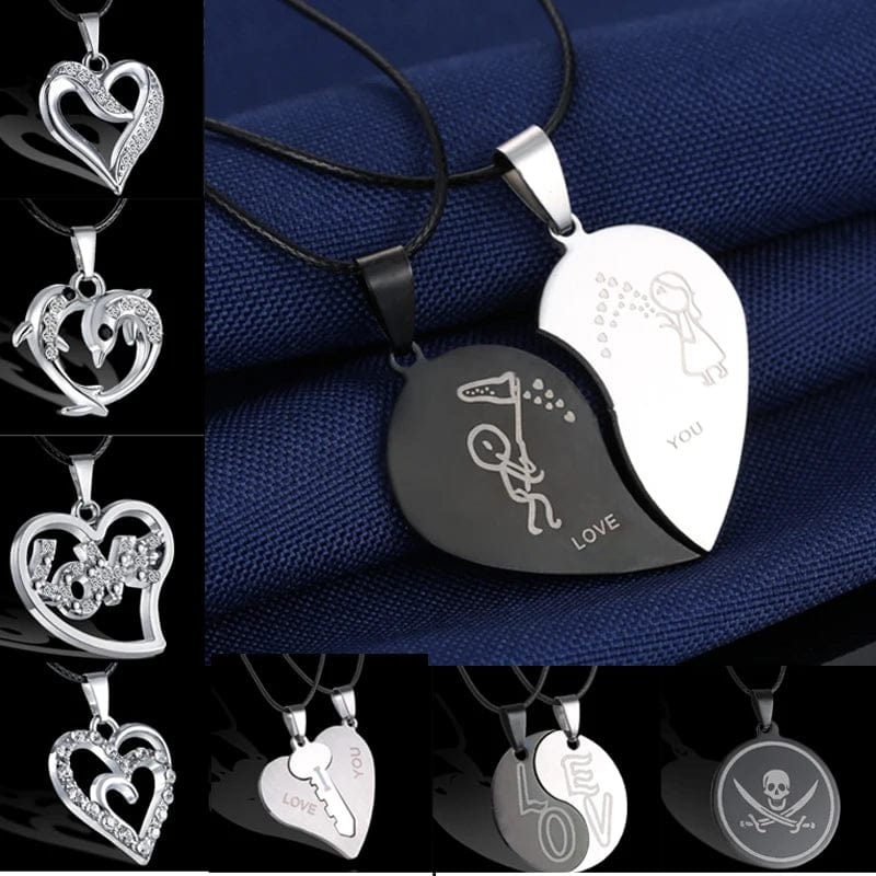 Fashion Simple Stainless Steel Key Puzzle Heart Shaped Lovers Pendant Necklace