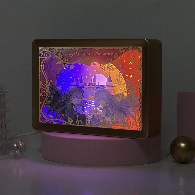 Duality Illuminated: Devil and Angel 3D Paper Craft Light Box - Unique Gifts & Crafts