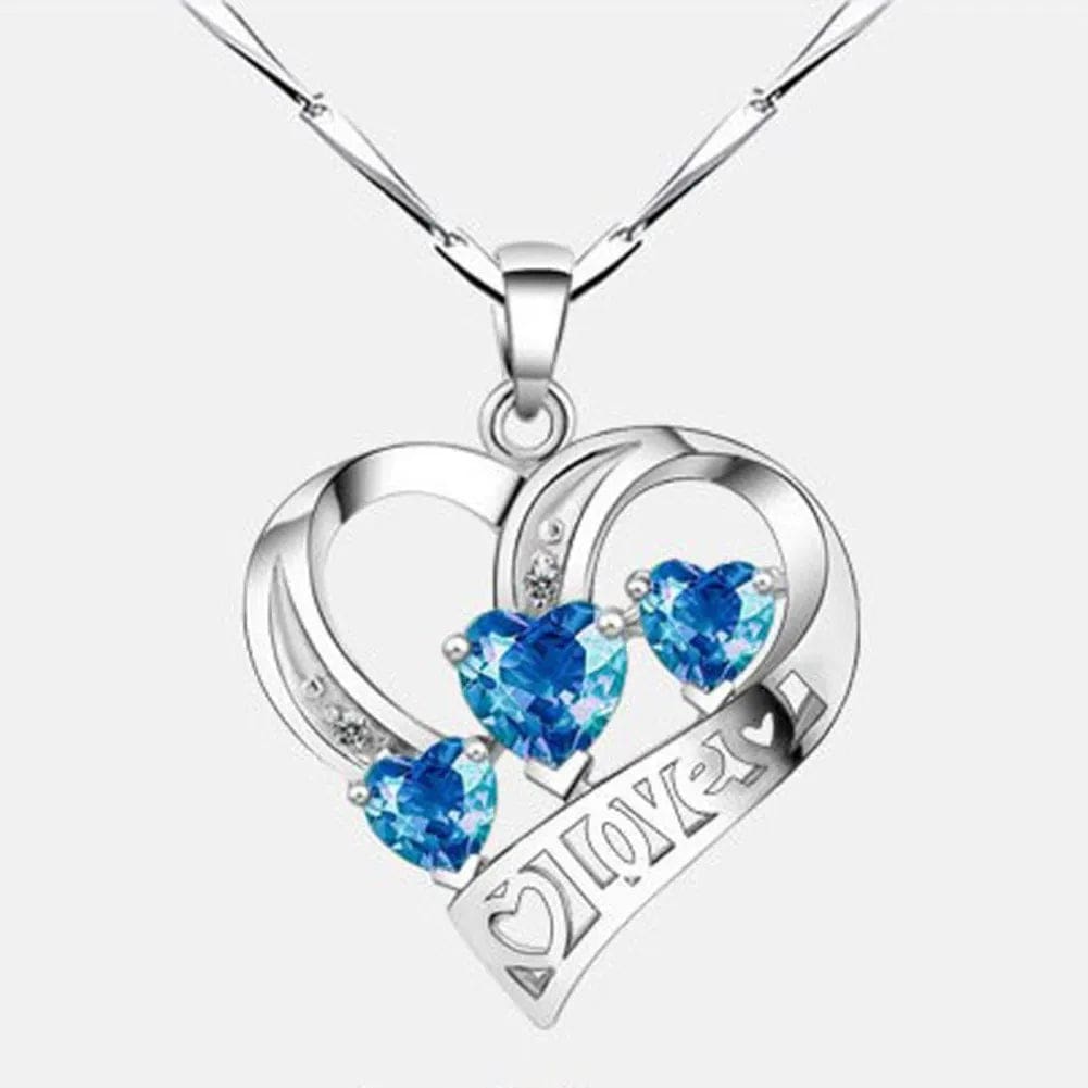 Diamond Inlaid Love Clavicle Necklace: Blue Three Heart Pendant for Women