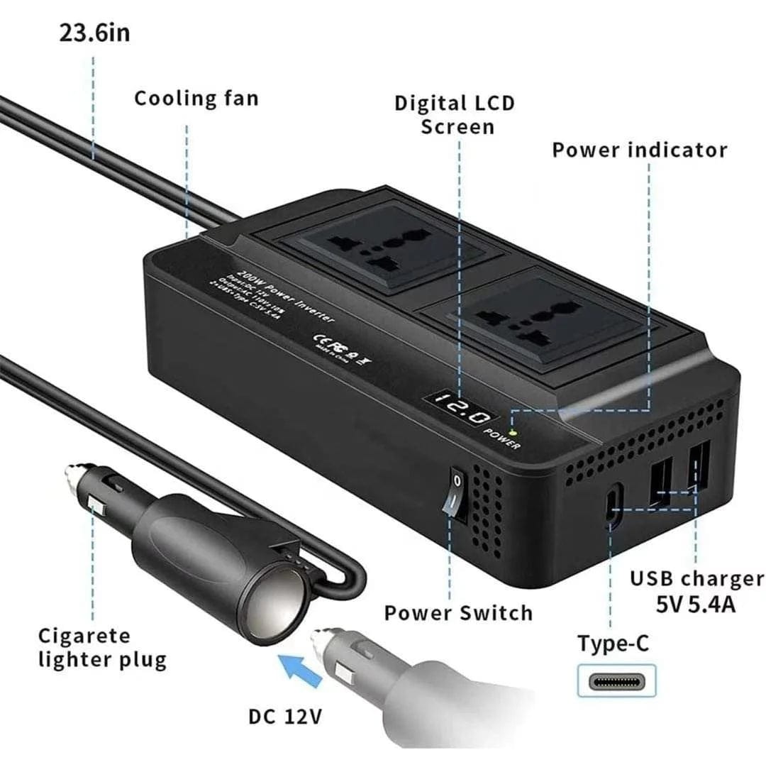 Unleash Power on the Go: Car Inverter Converter with 4 USB QC3.0 Ports and 2 AC Outputs