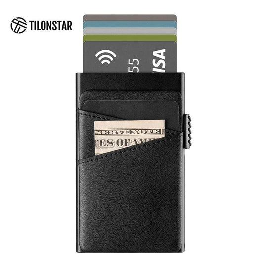 Modern Minimalism: Real Leather Credit Card Holder with Slim Profile and Convenient Pop-Up Design