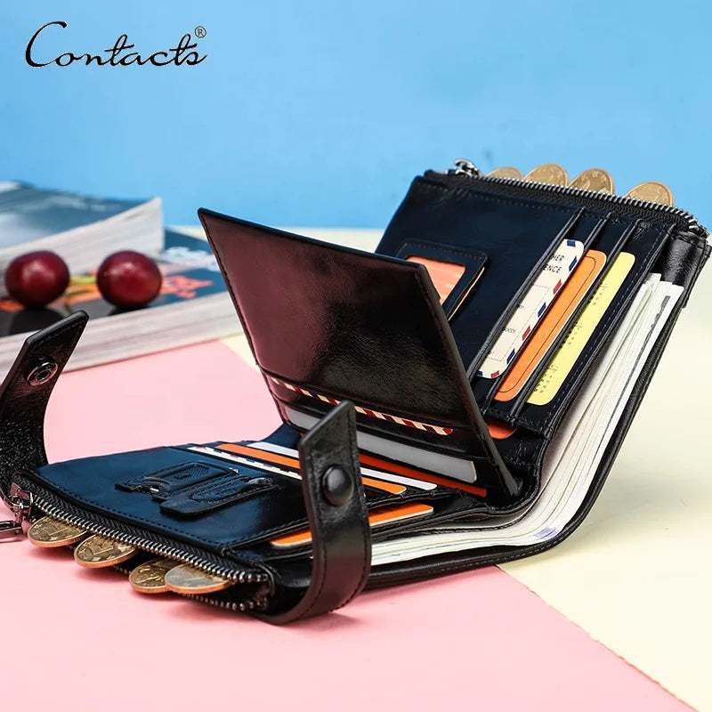 Women Genuine Leather RFID Blocking Wallet Casual Double Zipper Pocket Large Capacity Short Leather Coin Purse Wallet