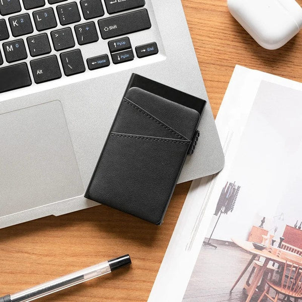 Modern Minimalism: Real Leather Credit Card Holder with Slim Profile and Convenient Pop-Up Design