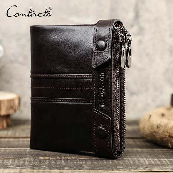 Women Genuine Leather RFID Blocking Wallet Casual Double Zipper Pocket Large Capacity Short Leather Coin Purse Wallet